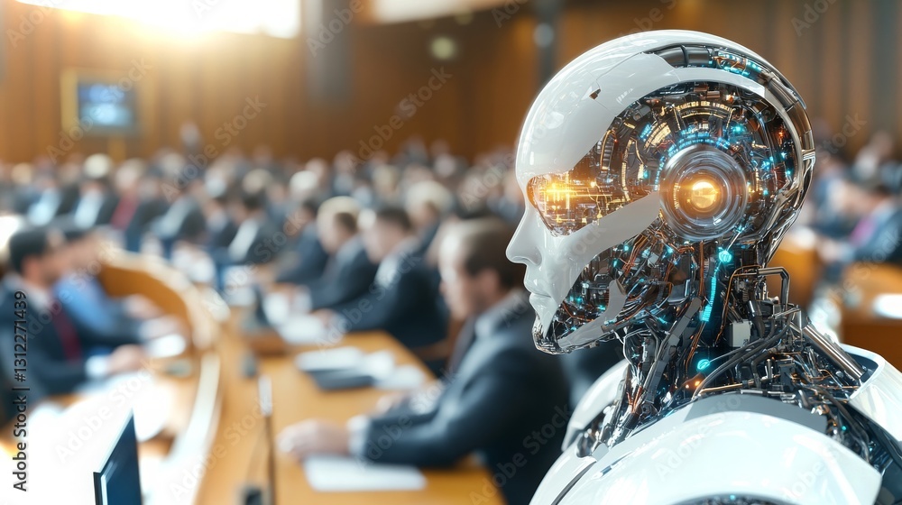 Poster robotic assistant presenting at a high-tech conference with an audience in 4k animation