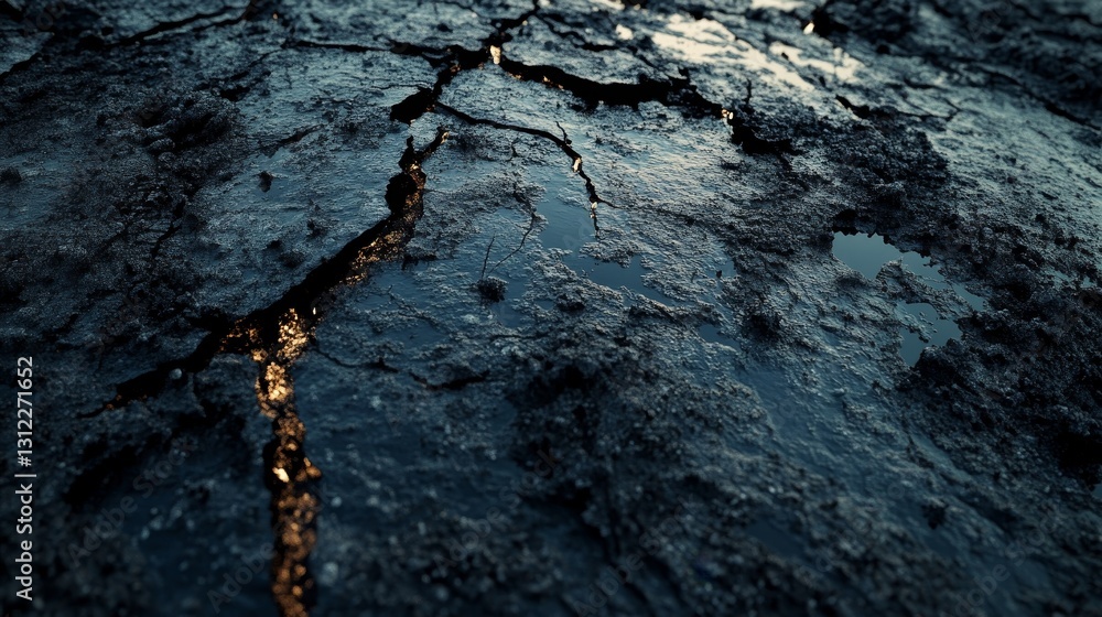 Poster close-up view of dark wet ground with cracks and light reflections at dusk. the intricate patterns a