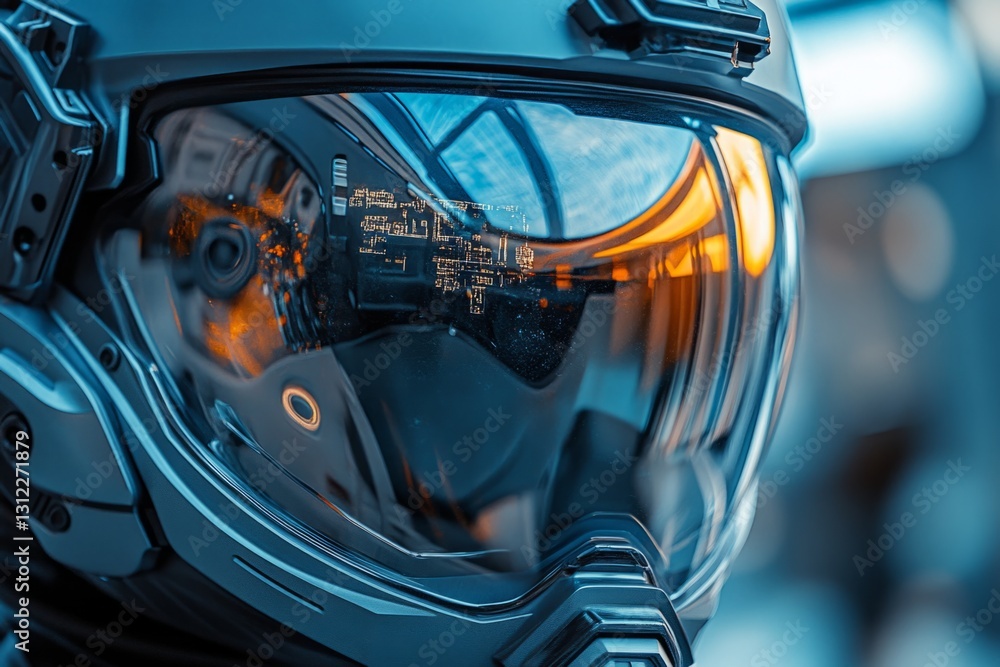 Poster close-up of a futuristic helmet visor reflecting a cockpit displaying flight data, hinting at advanc