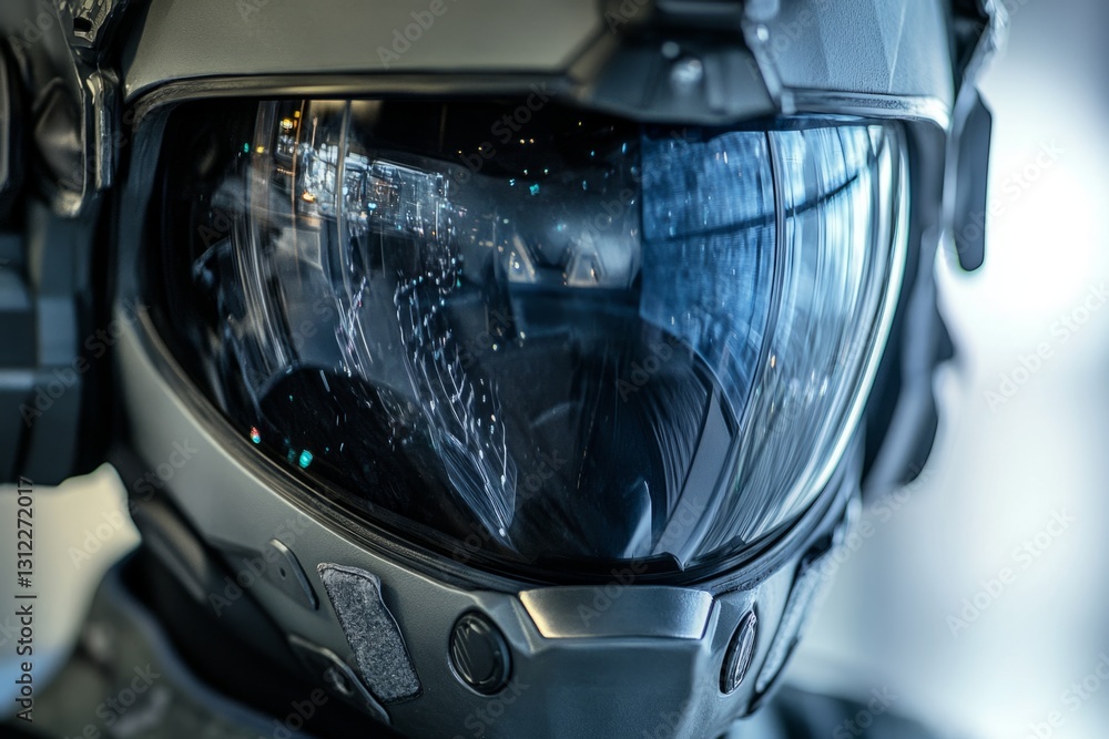 Poster close-up of a futuristic helmet showing augmented reality data reflected on the visor