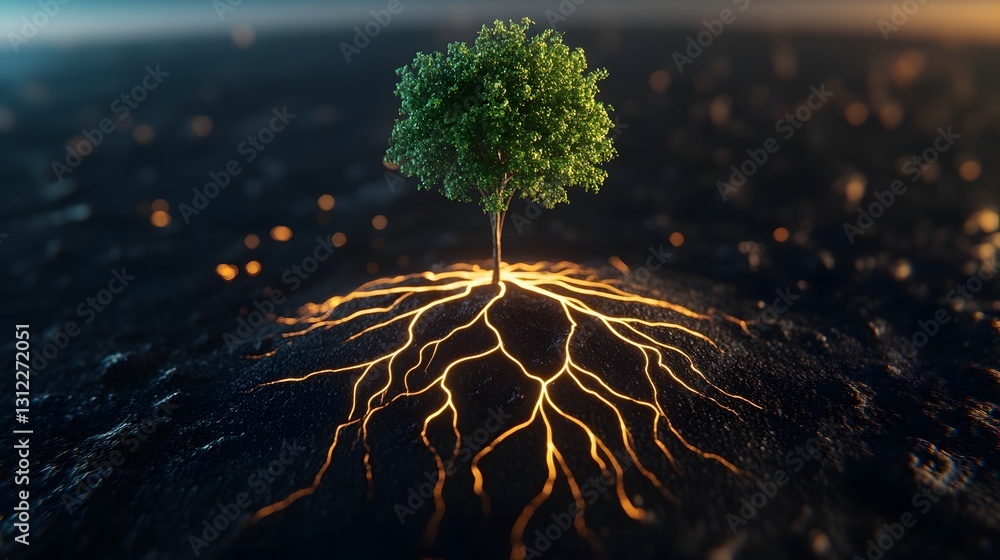 Poster digital globe with glowing tree roots - technology and nature in harmony