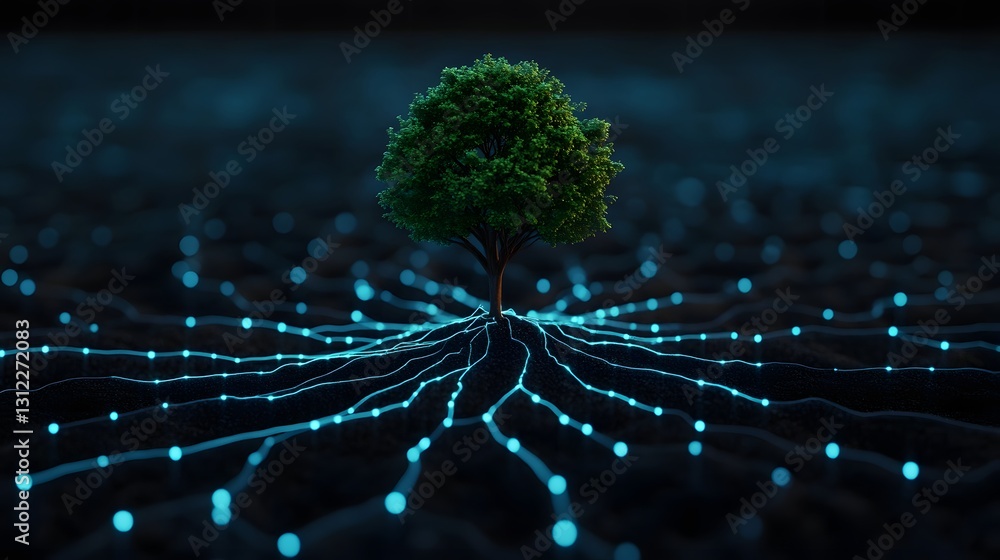 Poster digital globe with glowing tree roots - technology and nature in harmony