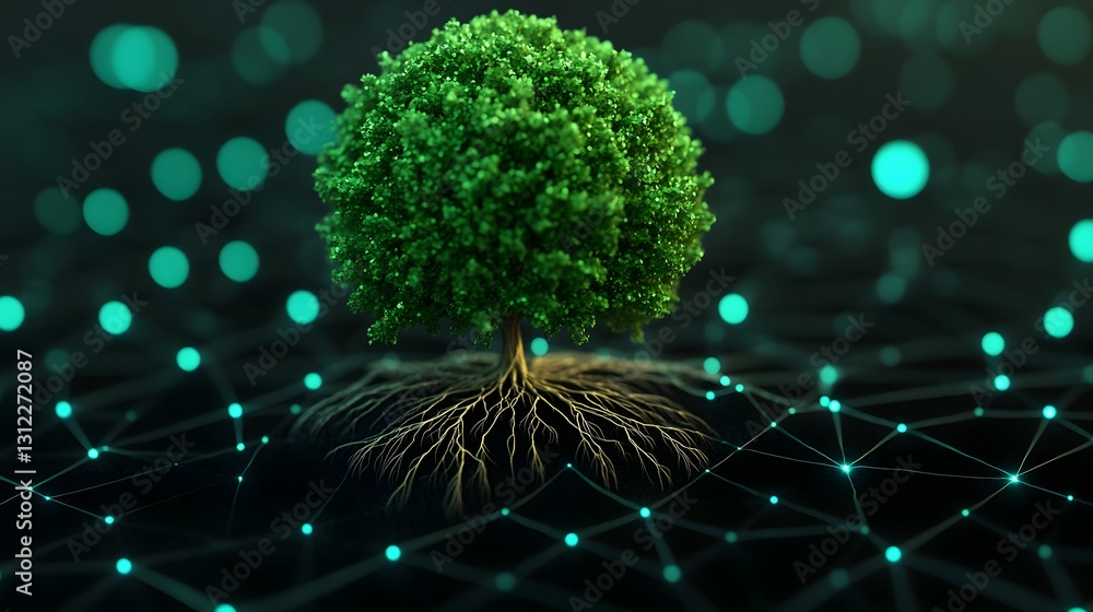 Poster digital globe with glowing tree roots symbolizing technology and nature in harmony