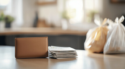 A wallet overflowing with grocery receipts on kitchen counter