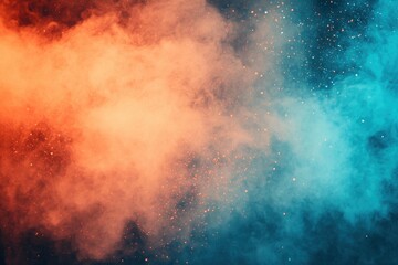 Fototapeta premium Ethereal Twilight: A Grainy Abstract Fusion of Orange and Blue with Floating Dust Particles in a Sky-Blue and Light Gray Atmosphere