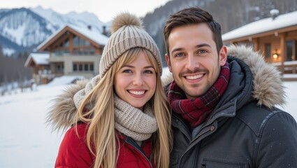 Smiling Couple in Winter Clothing Embracing Outdoors with Snowy Mountains in Background