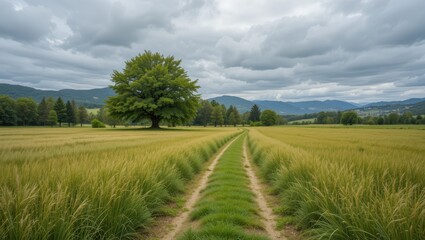 Obraz premium Scenic Path Leading Through Lush Green Meadow Under Dramatic Cloudy Sky
