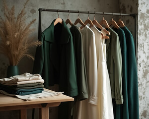 Obraz premium variety of folded and hanging garments in neutral earth tones displayed on a wooden table and rack