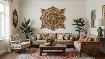Elegant Living Room with Decorative Wood Artwork and Cozy Furniture Arrangement in Natural Light