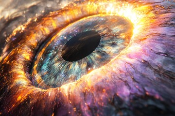 Colorful extraterrestrial eye glowing with vibrant and otherworldly hues, creating a mesmerizing cosmic scene