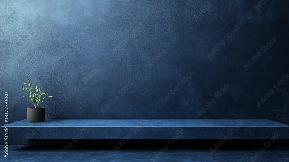 Poster a serene navy blue backdrop forms a tranquil atmosphere, complemented by a single potted plant place