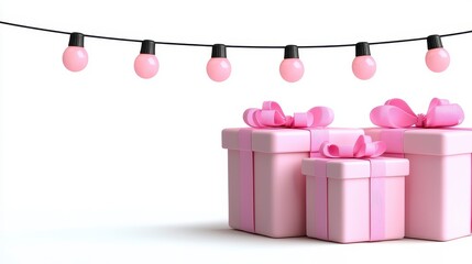 Stylish pink gift boxes with matching bows illuminated by lights creating a magical atmosphere for retirement events