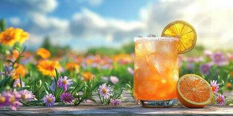 Fototapeta premium Realistic 3D Icon Cartoon of A Frosty Mixed Citrus Juice with Ice on a Wooden Table with a Vibrant Wildflower Meadow Background