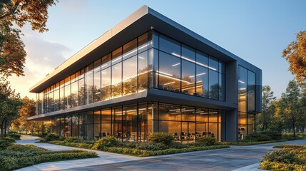 Obraz premium Modern contemporary office building with glass windows and landscaping