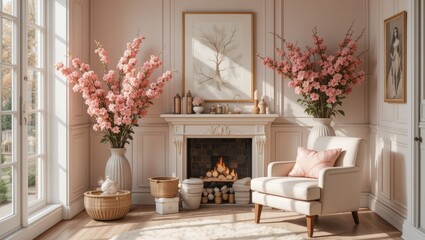 Elegant Living Room with Floral Arrangements and Cozy Fireplace in Soft Natural Light