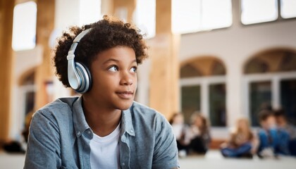 A young learner enjoys music through headphones, lost in thought amid a bustling college atmosphere.