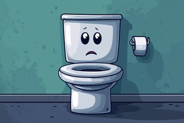 Cartoon toilet showing a sad face, evoking feelings of discomfort and plumbing issues in a grungy bathroom setting