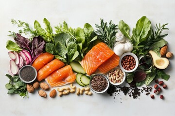 A lifestyle scene showing healthy food choices like leafy greens, nuts, and salmon as preventive measures against heart attacks