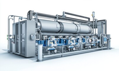 Industrial processing plant with pipes and machinery on white background