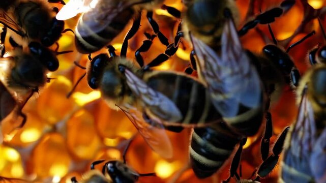 Bees swarming on honeycomb, extreme macro footage. Insects working in wooden beehive, collecting nectar from pollen of flower, create sweet honey. Concept of apiculture, collective work