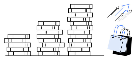 Stacks of coins increasingly arranged with upward arrows and shopping bags. Ideal for economic growth, retail success, investment return, financial trends, market analysis, consumer behavior, fiscal