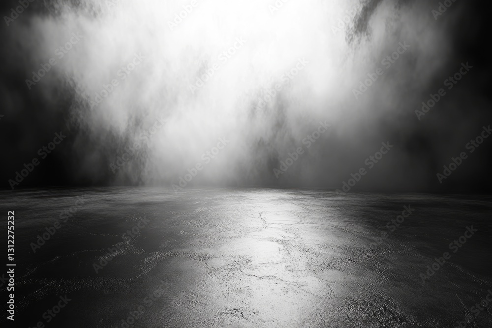 Poster empty concrete floor reflecting bright light with dark fog background, creating a mysterious and dra