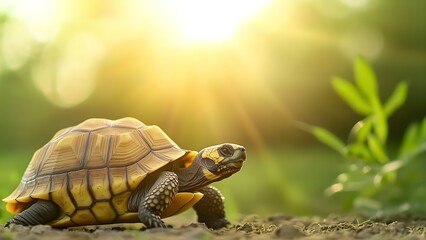 Naklejka premium A turtle is walking on the ground with sunlight shining in the background, creating a warm and natural atmosphere. Concept Turtle in Sunlight, Natural Atmosphere, Warm Background, Outdoor Scene