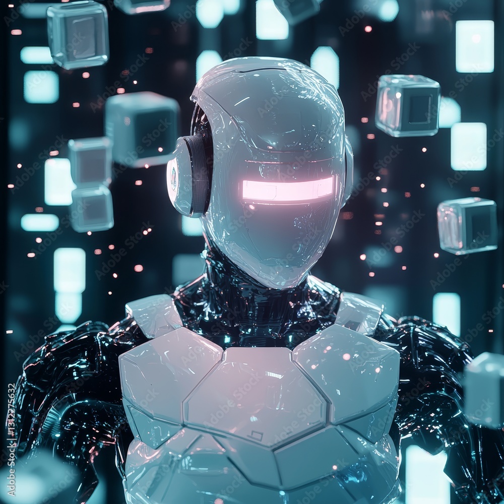 Poster futuristic robot in neon environment with floating cubes and lights