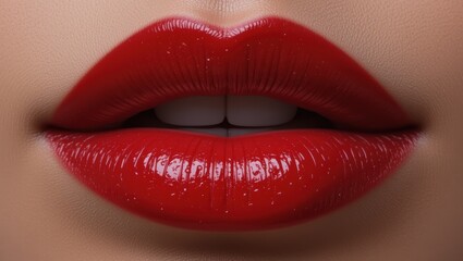 Closeup of Glossy Red Lips with Sparkle Highlights on Smooth Skin