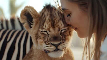 A young lion cub and a person sharing a gentle moment, with the cub smiling and the person leaning in affectionately. Concept Lion Cub Bonding, Gentle Affection, Heartwarming Moments