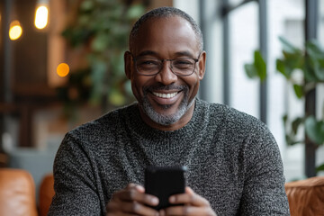 Happy mature man using mobile phone in cafe, enjoying online communication and social media