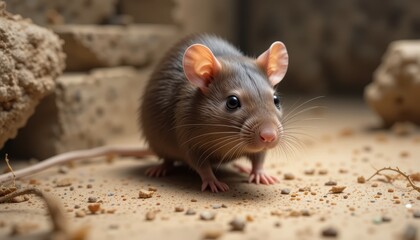 Closeup of a Small Brown Mouse Exploring a Natural Environment with Detailed Features