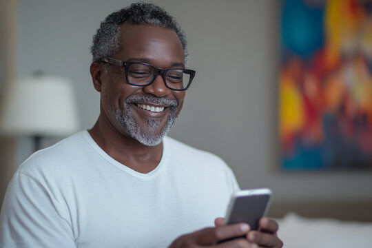 Senior man smiling while using smartphone at home, enjoying mobile technology and staying connected in retirement