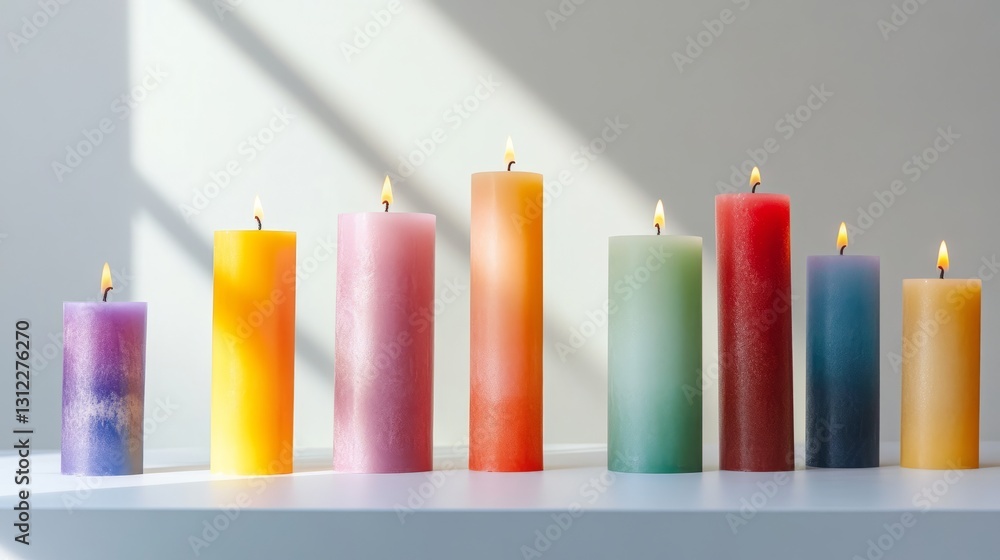 Poster a row of candles with different colors and sizes. some are lit and some are not. the candles are arr