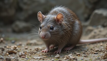 Curious Wild Mouse Exploring the Forest Floor with Details of Fur and Surrounding Debris