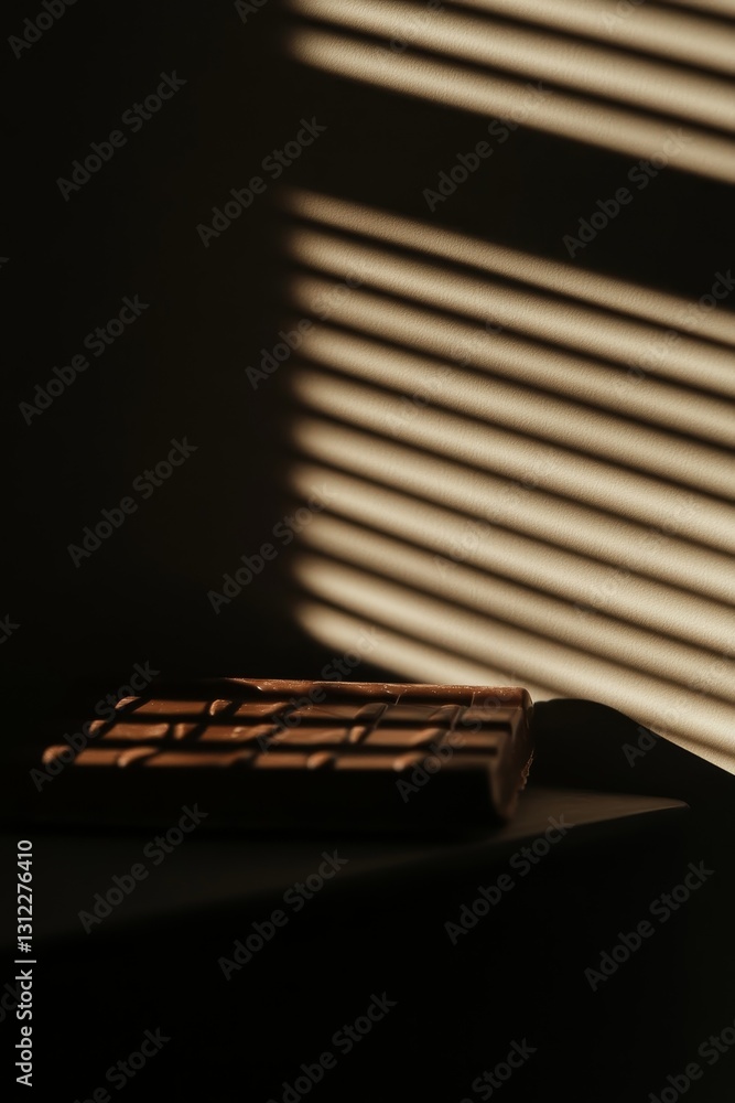 Poster a captivating image of a brown chocolate bar resting on a table, illuminated by soft sunlight filter