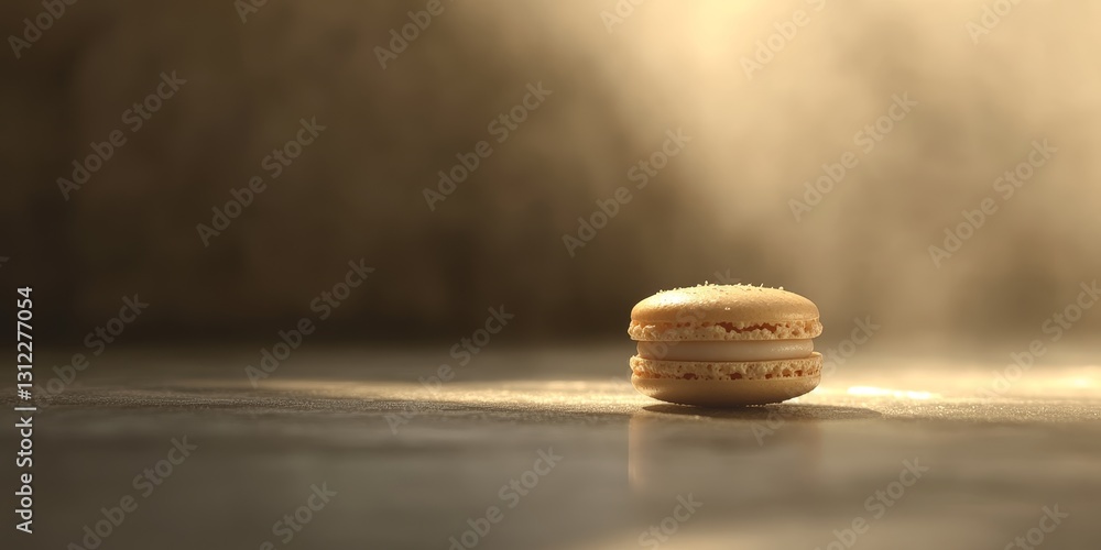 Poster this image features an elegant macaron resting on a surface, illuminated by soft natural light, high