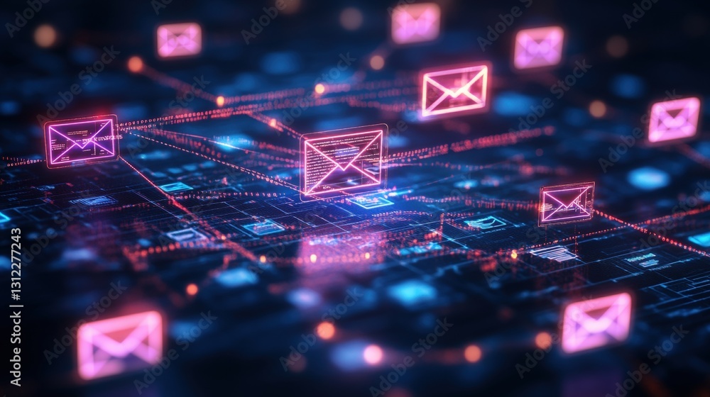 Poster a high-tech computer circuit board featuring a glowing email icon signifying digital communication a