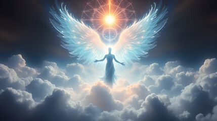 Luminous being emerges ethereal clouds mystical aura energy emanating enigmatic figure