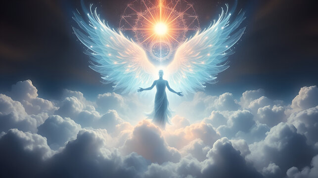 Luminous being emerges ethereal clouds mystical aura energy emanating enigmatic figure