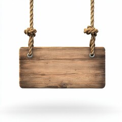 Hanging rope sign with blank wooden board, isolated on clear white background