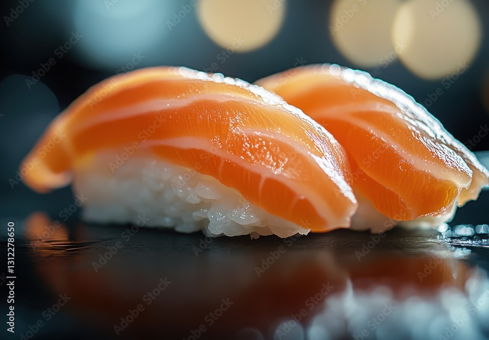 Poster freshly prepared sushi with salmon on rice served on a dark surface with soft bokeh background for c