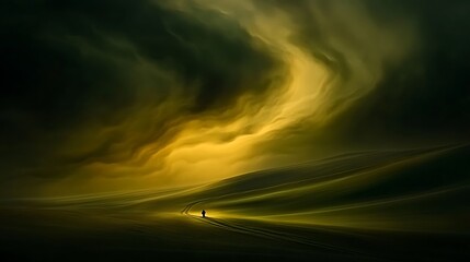 Solitary figure walking on a path under a swirling, dramatic, yellow and green sky.