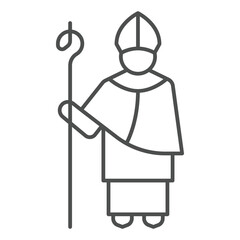Saint Patrick and stick with staff thin icon, greek roman man concept. Vector graphics. Man religion costume sign on white background, outline style icon for mobile or web design.