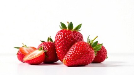 strawberries and berries float on a white background