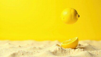 lemons fall on a blue and yellow sandy background