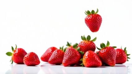 strawberries and berries float on a white background