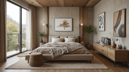 Modern Minimalist Bedroom Interior With Natural Wood Elements And Cozy Atmosphere