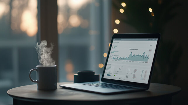 A coffee cup and a laptop with analytics
