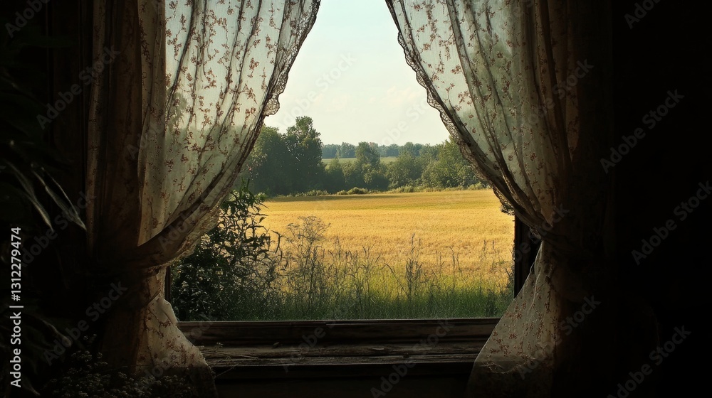 Poster a window with a white curtain that is open to a field. the field is full of grass and trees